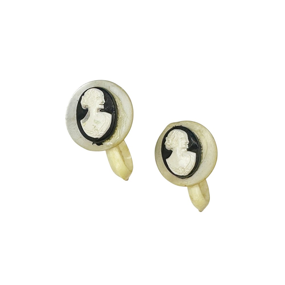 VINTAGE Cameo Clip-on Earrings • cream, black • chic preppy